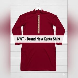 Red Kurta Shirt with Embroidered Detail - Eid - Pakistani & Indian